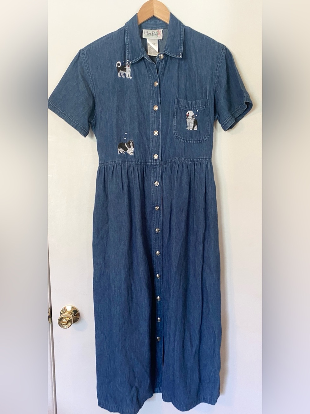 VTG Y2K Olivia Rose Denim Chambray Embroidered Dogs Rhinestone Button Down Dress